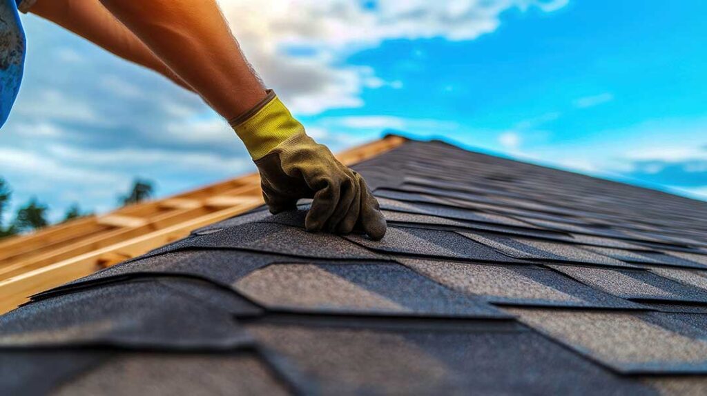 Roofing worker lays protective underlayment across a wood roof deck beneath shingle materials.