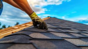 Roofing worker lays protective underlayment across a wood roof deck beneath shingle materials.